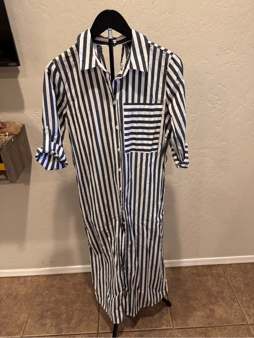Who What Wear Grey and White Striped Button-Down Maxi Dress